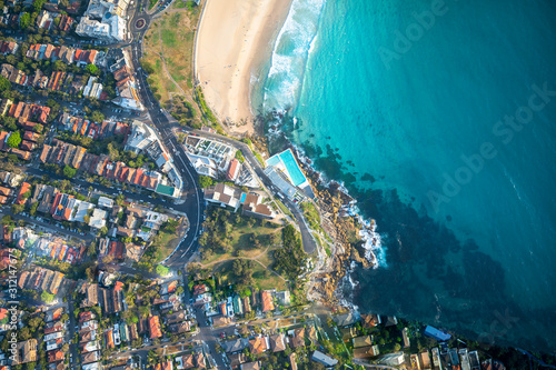 Bondi beach Top down aerial of Sydney
