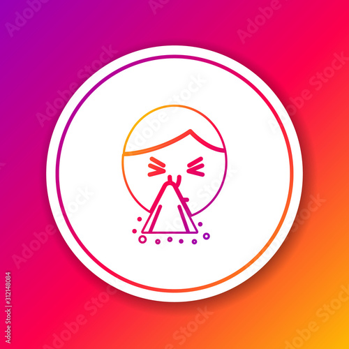 Color line Man holding handkerchief or napkin to his runny nose icon isolated on color background. Coryza desease symptoms. Circle white button. Vector Illustration