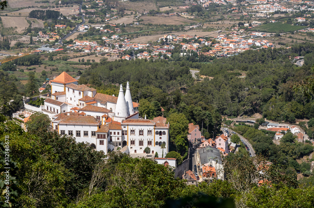 Sintra, Portugal - 21 August 2019: Aerial view of the town of Sintra and the National Palace from the walls of Moorish castle
