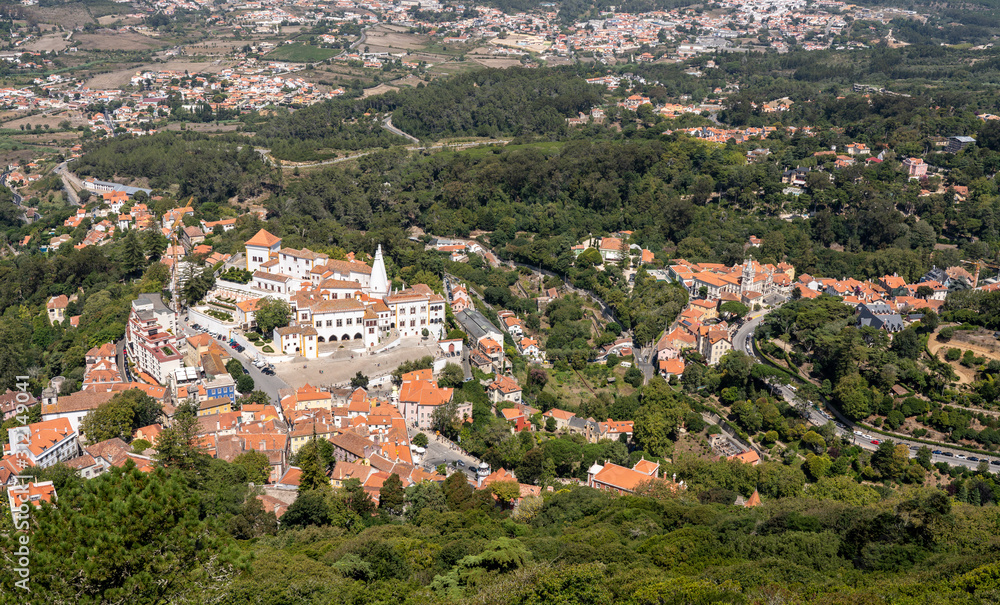 Aerial view of the town of Sintra and the National Palace from the walls of Moorish castle