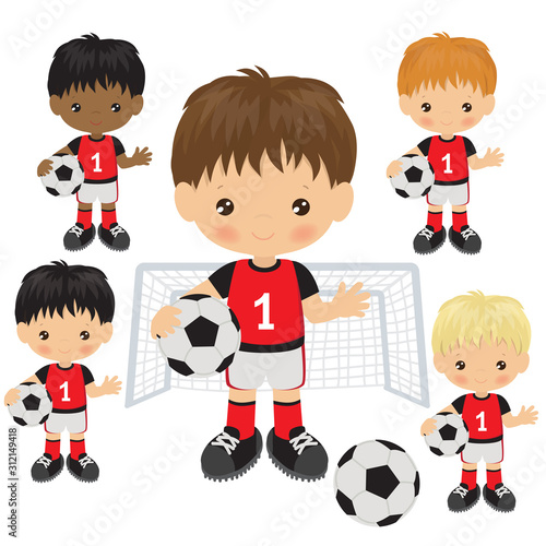 Cute boy soccer player vector cartoon illustration