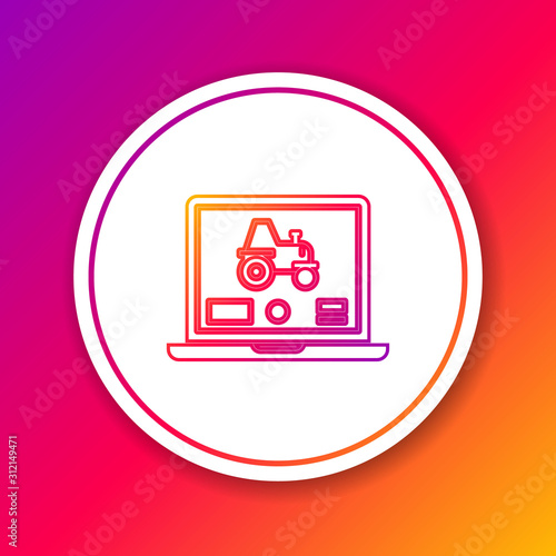 Color line Laptop application for control a autonomous tractor on a smart farm icon isolated on color background. Smart agriculture implement. Circle white button. Vector Illustration
