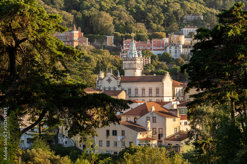 Sunset view of the Portuguese town of Sintra with the spectacular town hall in the foreground