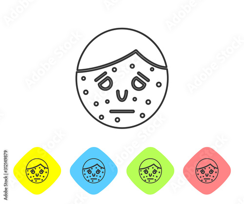 Grey line Face with psoriasis or eczema icon isolated on white background. Concept of human skin response to allergen or chronic body problem. Set icons in color rhombus buttons. Vector Illustration