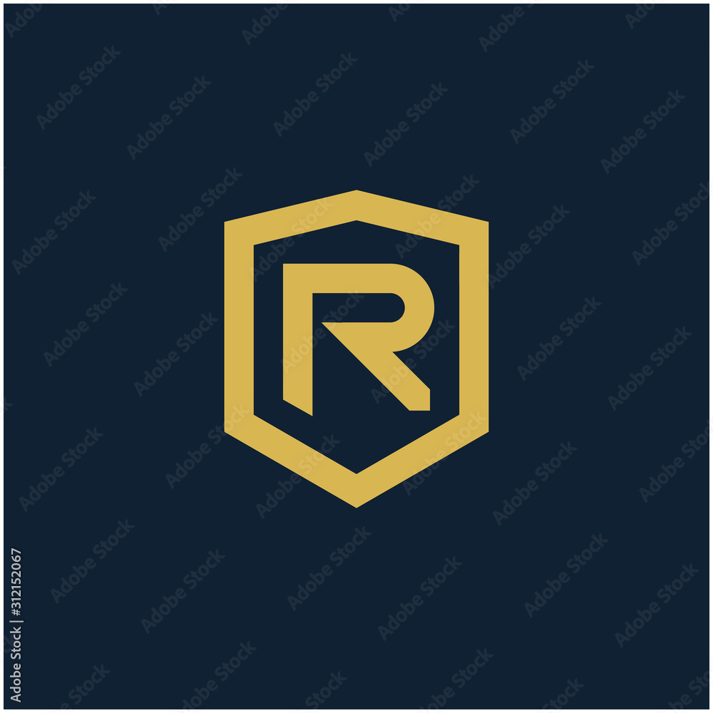 initial Letter R with Shield frame line art element. Shield Line geometry for Security logo. Logo Icon Template for Web and Business Card, Letter Logo Template on Black Background. - vector initial Letter R with Shield frame line art element. Shield Line geometry for Security logo. Logo Icon Template for Web and Business Card, Letter Logo Template on Black Background. - vector
