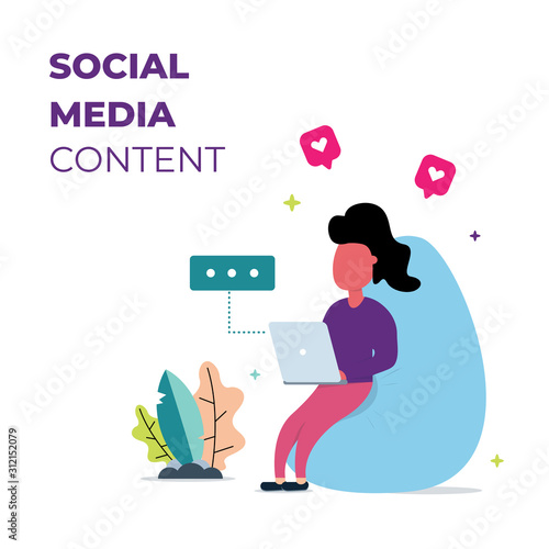 Sitting woman enjoying with a laptop. Freelancer or office worker as social media manager. Ready to use for your any media content. Vector flat illustration EPS 10