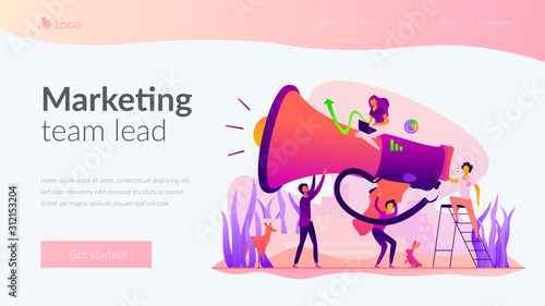 Digital marketing team, marketing team metrics, marketing team lead and responsibilities concept. Website homepage interface UI template. Landing web page with infographic concept hero header image.