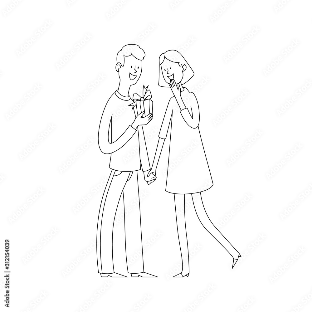 Couple of lovers outline black and white stock vector illustration. Man with gift and happy woman isolated on white background. Happy couple of lovers line art vector illustration for Valentine's day Couple of lovers outline black and white stock vector illustration. Man with gift and happy woman isolated on white background. Happy couple of lovers line art vector illustration for Valentine's day