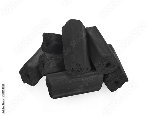 Natural wood charcoal isolated on white background photo