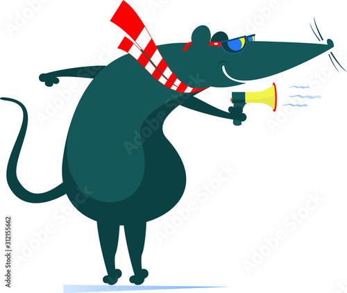 Rat or mouse, megaphone and news isolated illustration.  Cartoon rat or mouse with megaphone makes announcement isolated on white