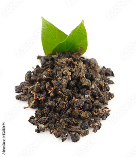 Dry oolong tea leaves isolated on white