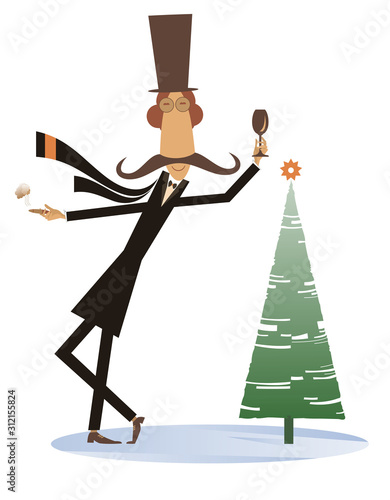 Mustache man in the top hat keeps Christmas and New Year day isolated illustration. Funny mustache man in the top hat with glass of wine and cigar stays near the fir  photo