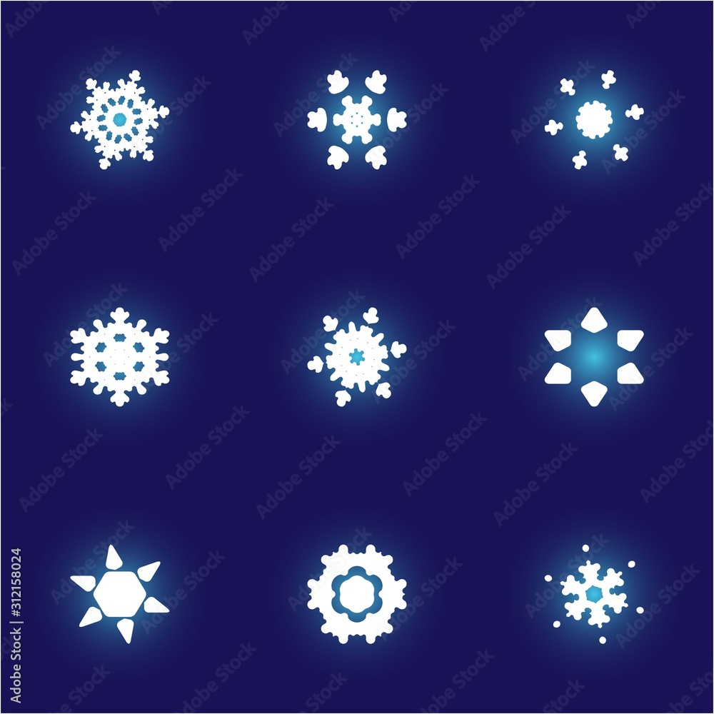 Kit of isolated silhouettes of snowflakes on blue background. Kit of isolated silhouettes of snowflakes on blue background.