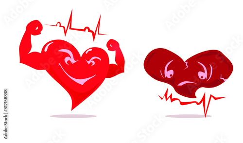 Healthy strong heart and sick sad heart