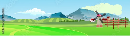 Horizontal banner vector illustration of countryside, green hills, mountains, houses, mills, farmland