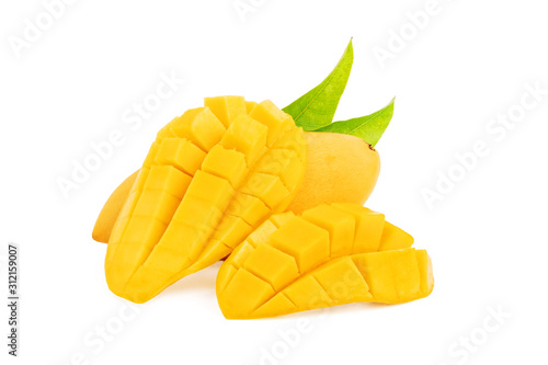 Mango fruit with green leaf and cut sliced isolated on white background with clipping path