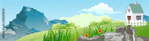 Horizontal banner vector illustration of countryside, green hills, air ballon, houses, mills, farmland