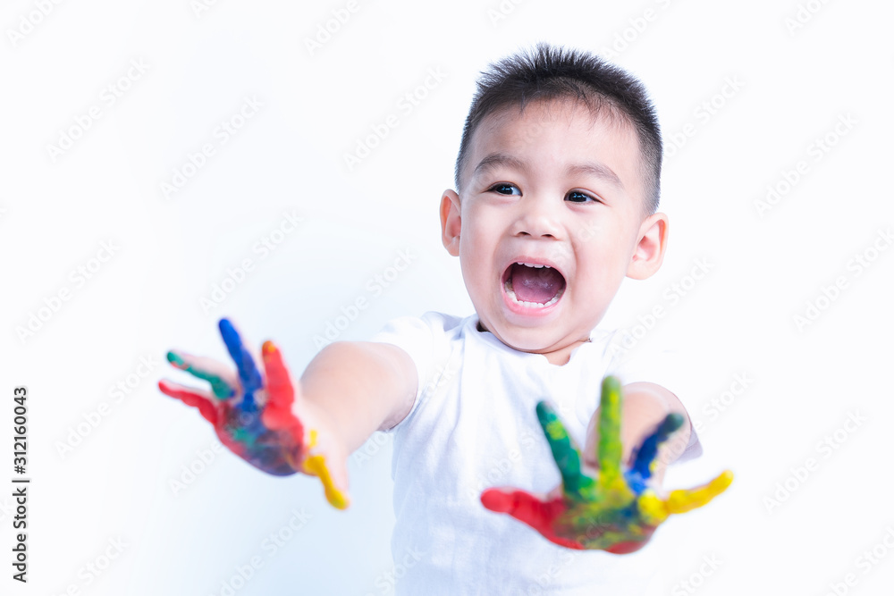Happy asian child kid smile on education art show hand with water color or finger paint on hands Happy asian child kid smile on education art show hand with water color or finger paint on hands