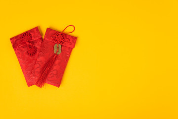 Chinese new year festival concept, flat lay top view, Happy Chinese new year with Red envelope