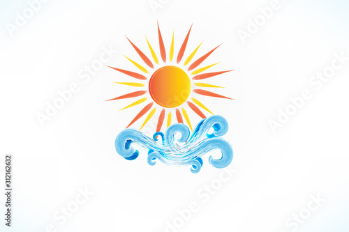 Logo sun with blue swirly beach waves vector