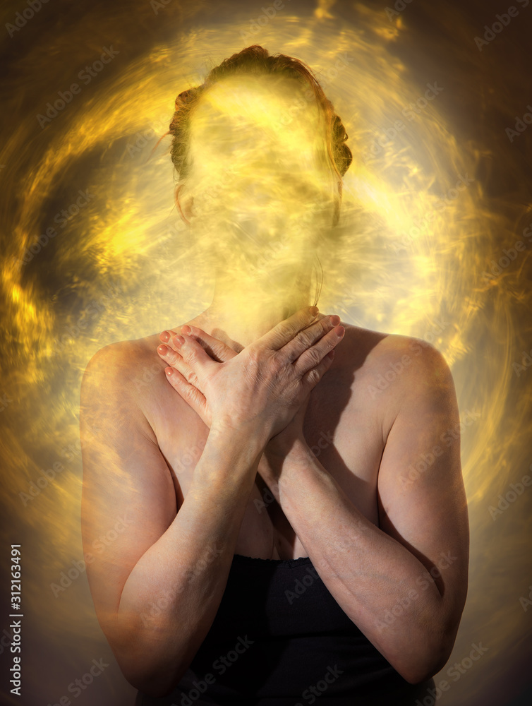 Fototapeta premium Portrait of a woman who feels sick. Flashy lights around her head symbolize physical and psychological problems. Concept: diseases