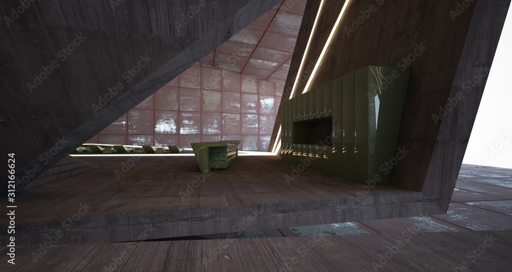Abstract architectural concrete and rusted metal interior of a minimalist house with swimming pool and neon lighting. 3D illustration and rendering. Abstract architectural concrete and rusted metal interior of a minimalist house with swimming pool and neon lighting. 3D illustration and rendering.