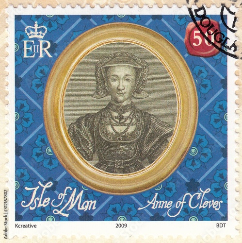 Ann of Cleves-Queen consort of England, fourth wife of the king Henry VIII, stamp Isle of Man circa 2009
