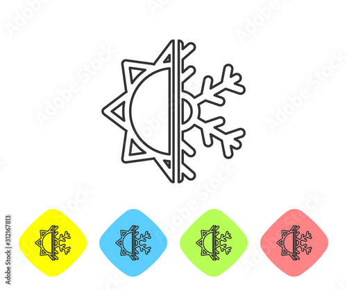 Grey line Hot and cold symbol. Sun and snowflake icon isolated on white background. Winter and summer symbol. Set icons in color rhombus buttons. Vector Illustration