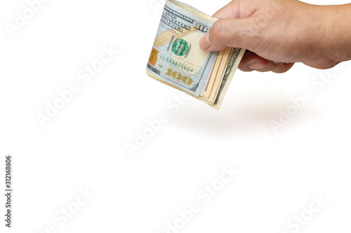 Hundred (100) dollar bill money on man 's hand holding isolate on white background, clipping path with pen tool, Recieves or payment by cash concept.