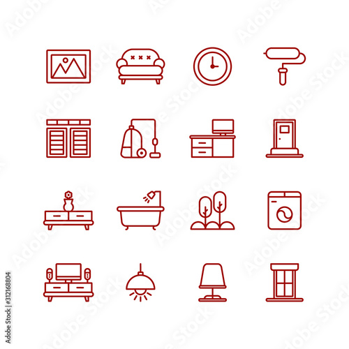 Home furniture, interior decor elements linear icons set. Apartment furnishing symbols pack. Living room, bedroom, kitchen and bathroom attributes. Bookcase, bed, oven and bath thin line illustrations
