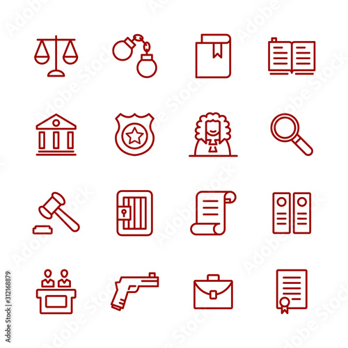 Law and Order Linear Vector Icons Set. Law, Jurisprudence Thin Line Contour Symbols Pack. Judicial System Pictograms Collection. Legal, Civil Rights. Lawyer, Judge, Courthouse Outline Illustrations