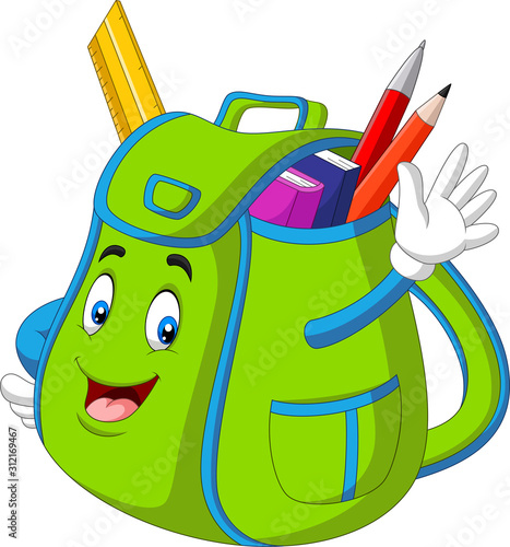 Cartoon green school backpack waving hand