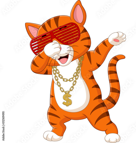 Funny cat dabbing cartoon wearing sunglasses, hat, and gold necklace