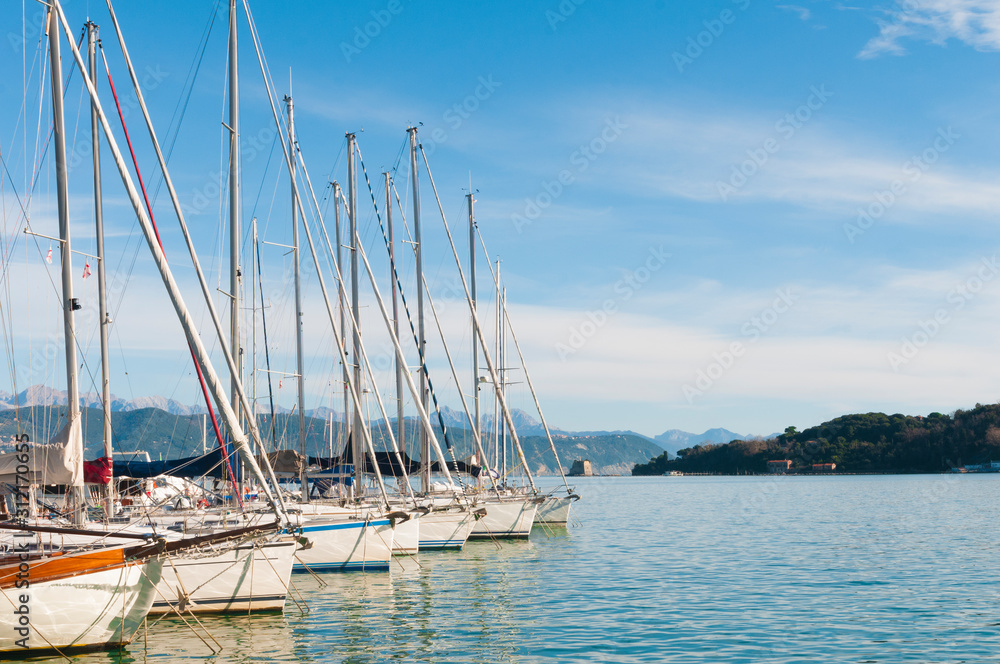 Sailboats moored in the port of Portovenere in Italy