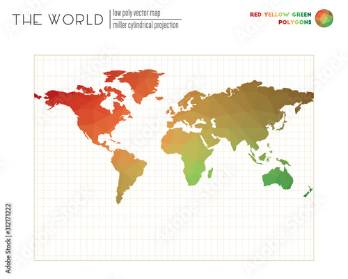 World map in polygonal style. Miller cylindrical projection of the world. Red Yellow Green colored polygons. Stylish vector illustration.