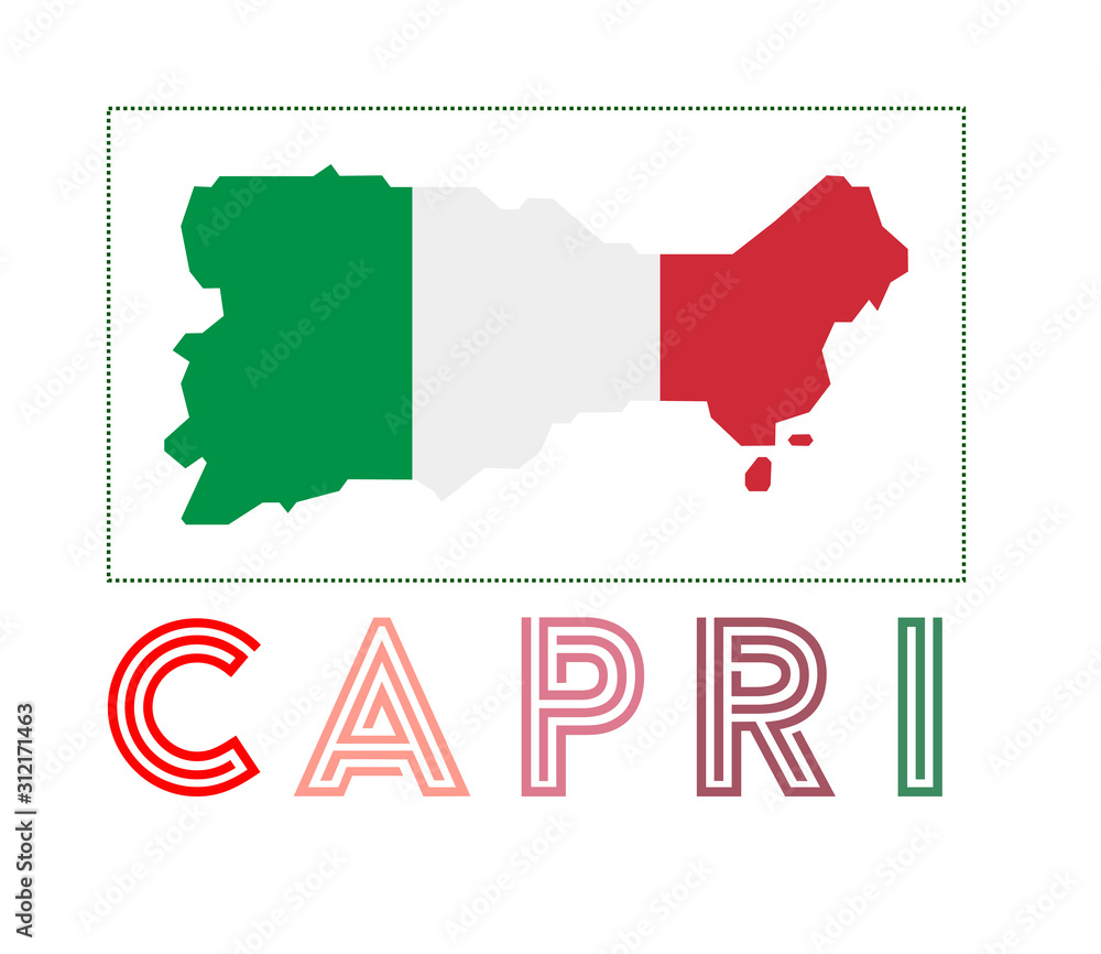 Capri Logo. Map of Capri with island name and flag. Elegant vector