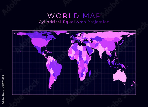 World Map. Cylindrical equal-area projection. Digital world illustration. Bright pink neon colors on dark background. Vibrant vector illustration.