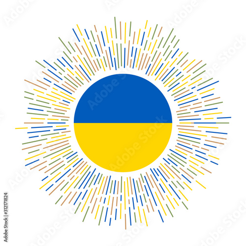 Ukraine sign. Country flag with colorful rays. Radiant sunburst with Ukraine flag. Vector illustration.