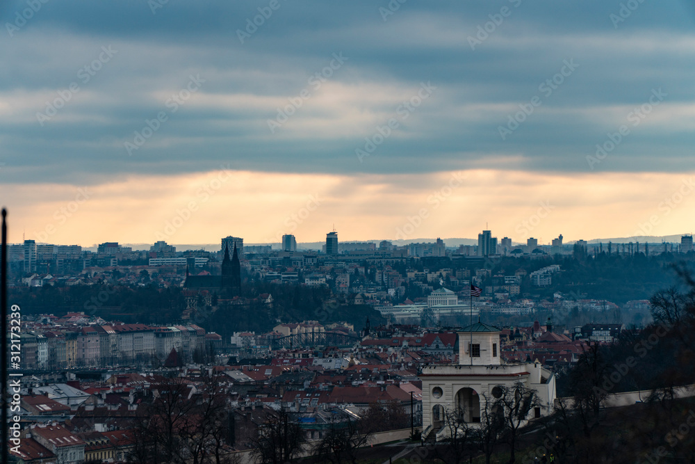 Top view to red roofs skyline of Prague city, Czech Republic