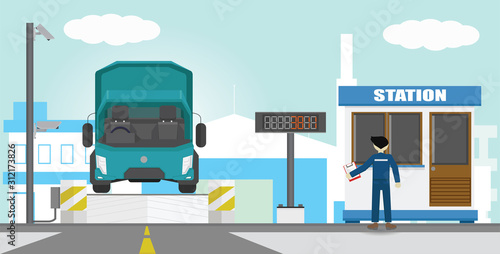ฺBig truck on the weighing scale at the checkpoint. Before and after transport operations. Beside with CCTV Camera. The driver waits to receive the documents at the station room.