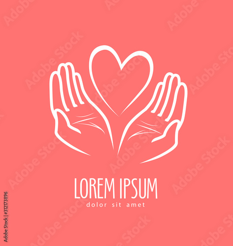 Hands protecting heart. Charity, donation vector logo or symbol