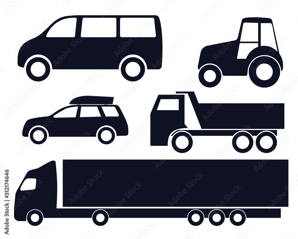 cars, set of vector icons. passenger cars and cargo transport.