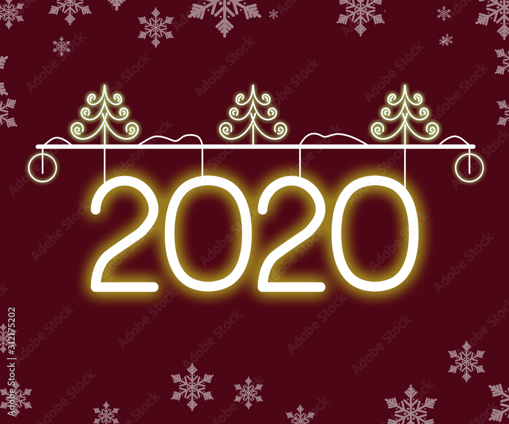 2020 Neon Text. New Year 2020 Design template with snowflakes. Light Banner illustration .