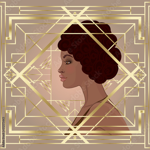 Retro fashion: glamour girl of twenties (African American woman). Vector illustration. Flapper 20's style. Vintage party invitation design template. Fancy black lady.