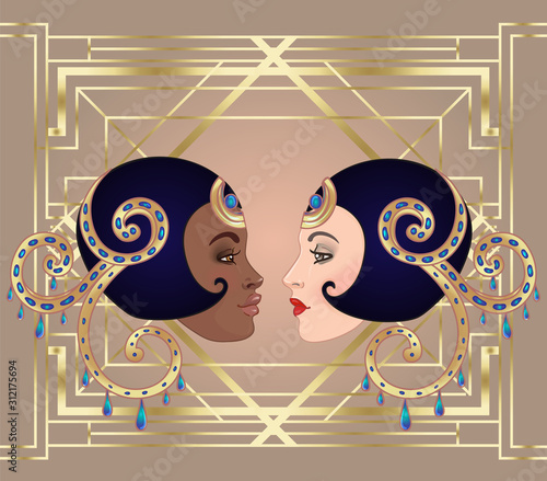 Retro fashion: glamour girl of twenties (African American woman). Vector illustration. Flapper 20's style. Vintage party invitation design template. Fancy black lady.