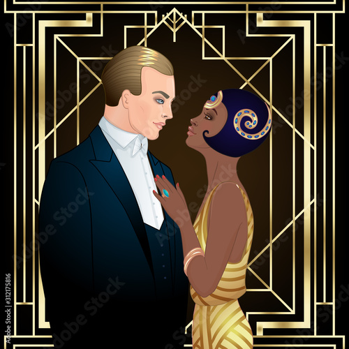 Beautiful multiracial couple in art deco style. Retro fashion: glamour man and woman of twenties. Vector illustration. Flapper 20's style. Vintage party or wedding invitation design template.