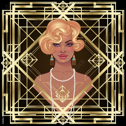 Retro fashion: glamour girl of twenties (African American woman). Vector illustration. Flapper 20's style. Vintage party invitation design template. Fancy black lady.