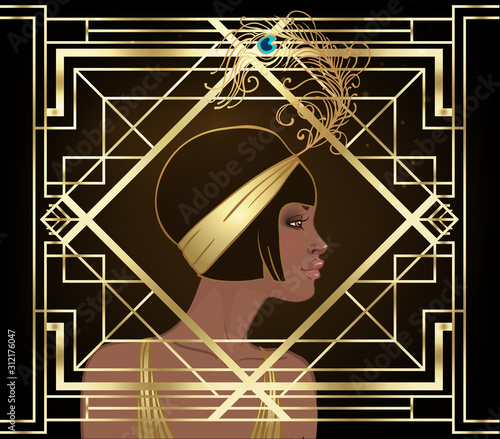 Retro fashion: glamour girl of twenties (African American woman). Vector illustration. Flapper 20's style. Vintage party invitation design template. Fancy black lady.