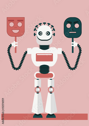 A robot is holding two false face: angry one and smiley one, trying to be someone else. How artificial intelligence could betray us and will help defrauders or cyber criminals