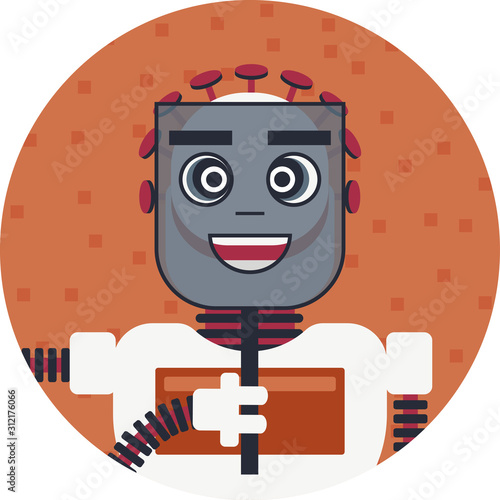 A robot is holding a false face, trying to be someone else. How artificial intelligence could betray us and will help defrauders or cyber criminals